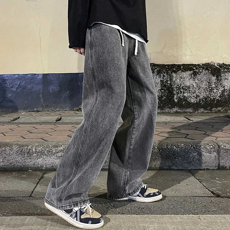 Kórejské módne pánske džínsy elastický pás klasický pás Olid Color Straight-Leg Denim Denim Denim široké nohavice Muž svetlo modrá modrá šedá čierna