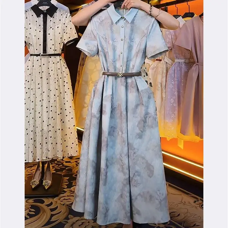 Kórejské módne tlačené dlhé košele Dress Ženy leto nové elegantné obojky s krátkym rukávom Party šaty s pásom J679