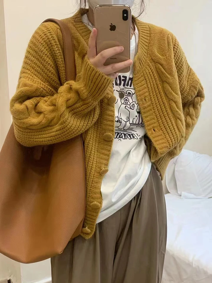 Kórejské módy hrubé ženy sveter sveter pletená na jeseň Zimná zima Loose Long Ruckve Tops Solido-Neck Sweter pre ženy