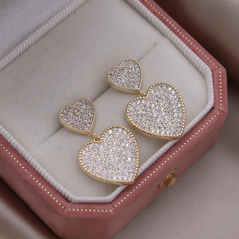 Kórejské nové módne šperky 14k Zlaté luxusné zirkón Dvojitá láska Prívesné náušnice Elegantné ženské svadobné doplnky