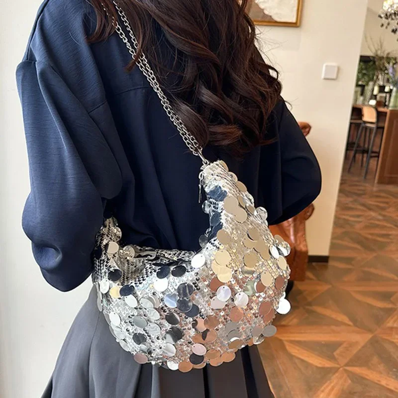 Kórejské reťazové flitry Crossbody Bag Evening Clutch Bag Dinner Party Svadobné kabelky Kabelka Žena podpazušia ramená Crossbody Bag Bag