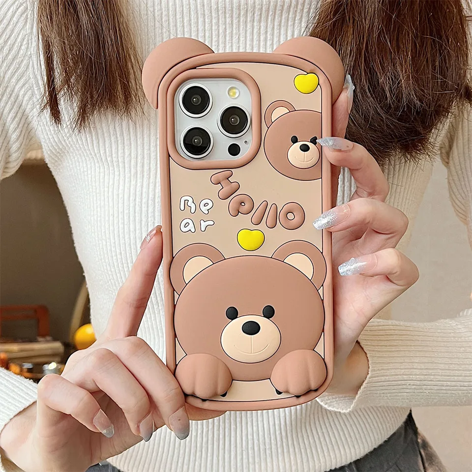 Kórejské roztomilé 3D ucho veľké ústa medveď medveď nárazový nárazník s mäkkým gumovým telefónom pre iPhone 12 13 14 15 Pro Max 11 Cartoon Cover
