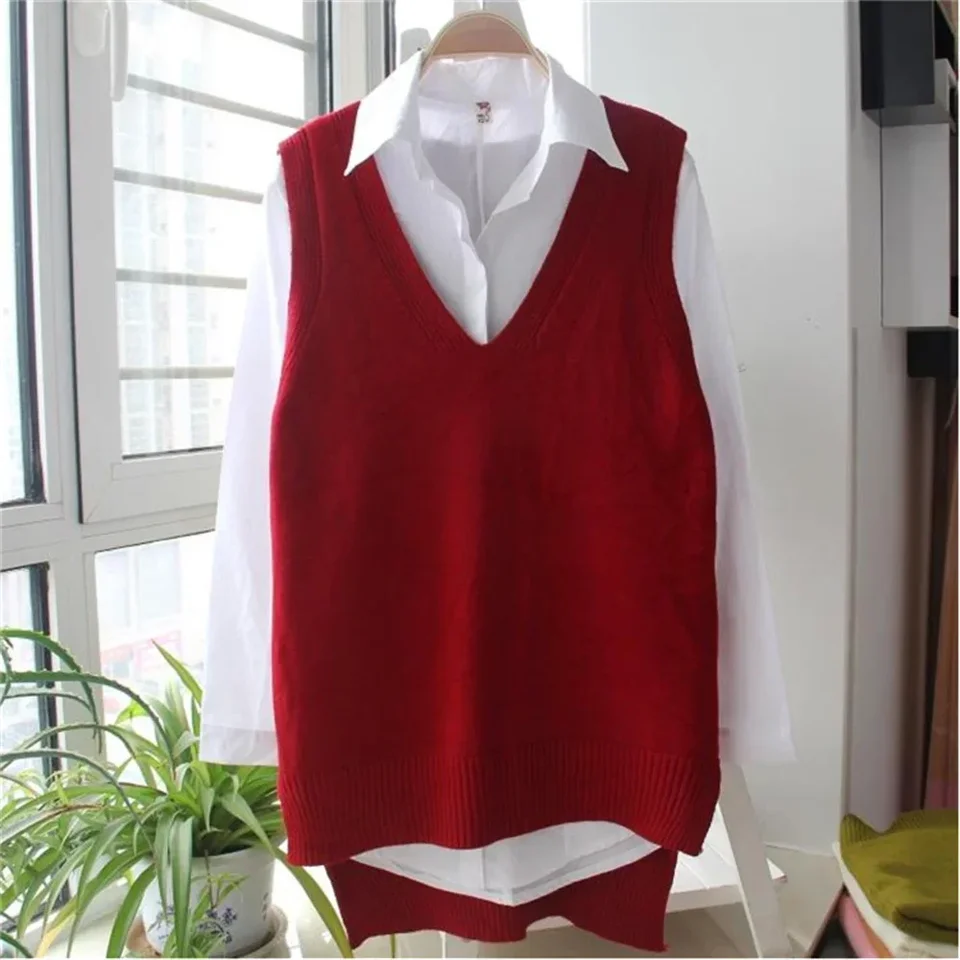 Kórejské ženy pletený sveter bez rukávov v štýle vysokej školy Ženy voľné vesty Lady V-Neck Pullover Topy