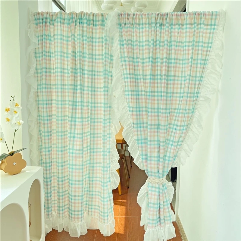 Kórejské žlté/ružové/zelené/modré mriežkové záclony do obývacej izby Japonské čipky s rufled plaid curtains pre kuchyňu #A368