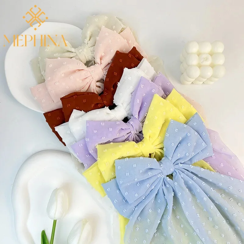 Kórejský fialový šifón dlhá polka dot látka Big Bow Periver Hairpin Super Fairy Temperament Zadná časť klipu na pružinu hlavy