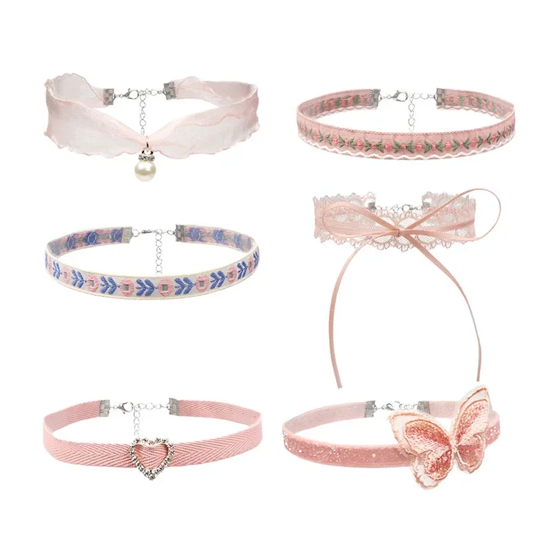 Kórejský gotický estetický vinobranie roztomilý pearl bowknot srdce ružový čipkovaný náhrdelník Choker pre ženy
