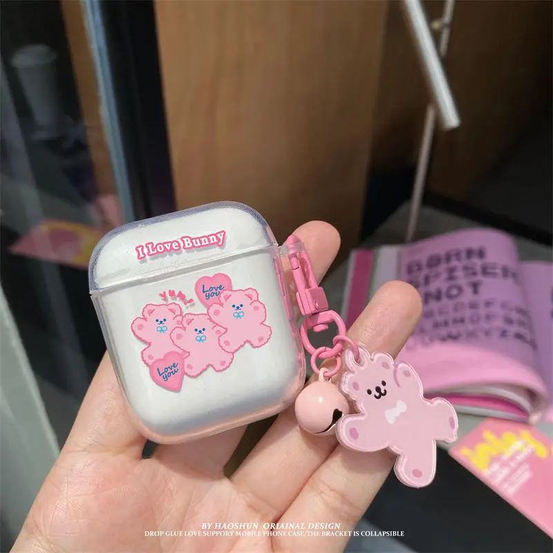 Kórejský karikatúra ružový medvedík slúchadlá pre AirPods 1 3 2 Soft TPU Roztomilý kryt pre AirPods Pro Headset nabíjacie skrinky Kľúčenky
