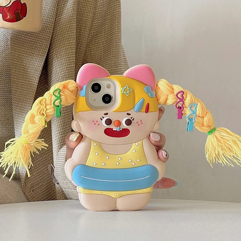 Kórejský pop Diy Pigtail Cute Girls 3D telefónny puzdro pre iPhone 15 13 12 14 Pro Max I11 13Pro 15Pro 14Promax Kid Kid Soft Silikone Cover