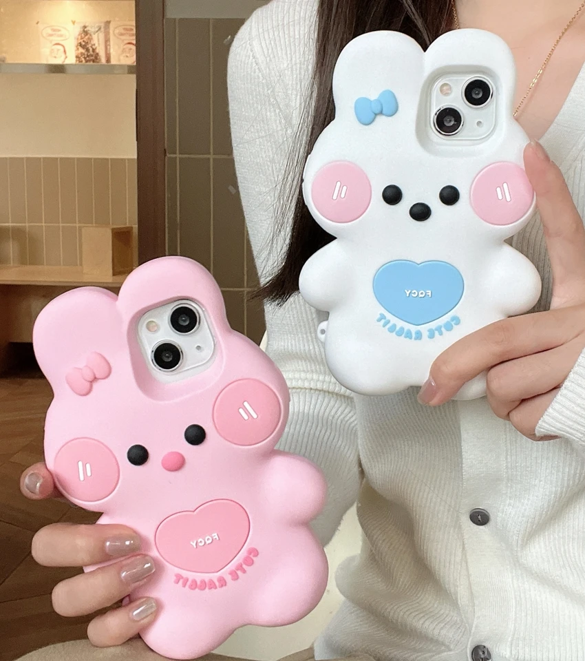 Kórejský roztomilý 3d ružová tvár Love Heart Bowknt Rabbit Rabbit Ratch Prear Silikone Puzdro pre iPhone 12 13 14 15 Pro Max Cartoon Cover