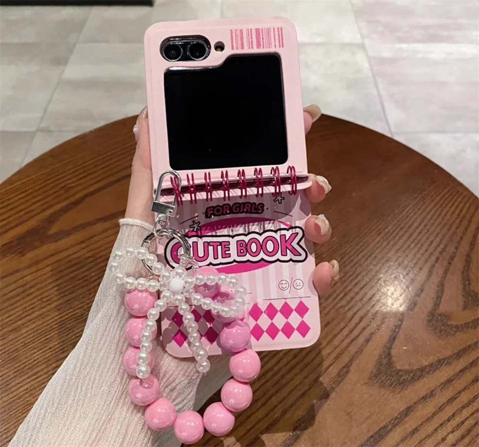 Kórejský roztomilý notebook Pearl Bow Pendent Bracelet Stripes puzdro pre telefón Samsung Galaxy Z Flip 5 6 Z flip5 flip3 flip4 obál