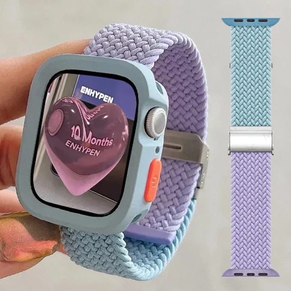 Kórejský roztomilý spletený remienok + puzdro pre Apple Watch Band 44 40 45 41 49 mm Elastický nylonový náramok pre Iwatch série 9 8 SE 7 6 5 4