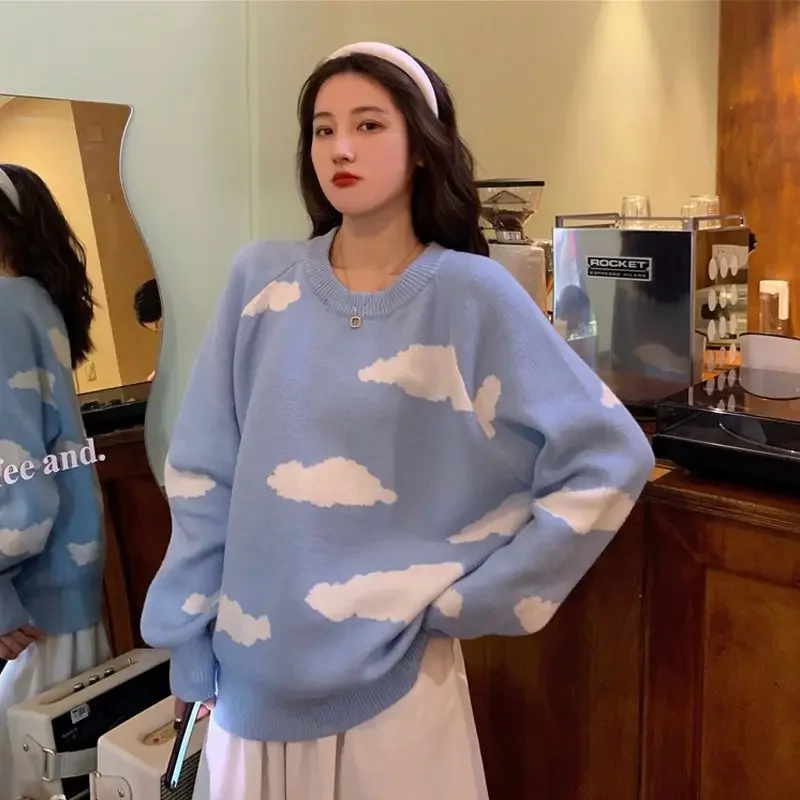 Kórejský sladký sueter Mujer Blue Cloud Print Tittted O krk Ženy Dámske pullovy uvoľnené kawaii svetre Topy