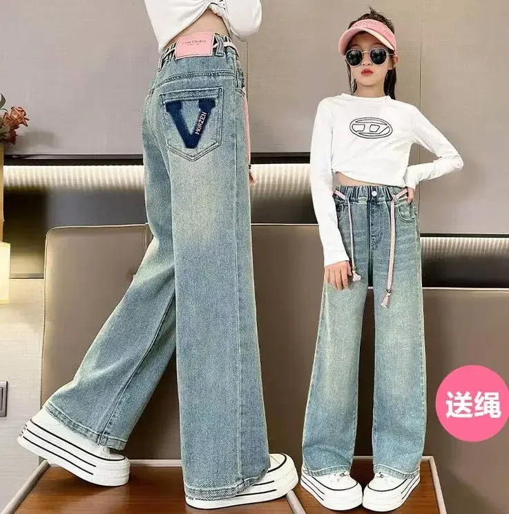 Kórejský štýl deti výšivky pre dievčatá Denim Pants for Girls Spring High pás priame nohavice pre deti tínedžerov