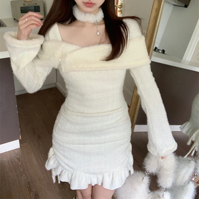 Kórejský štýl Kawwwaii pletené plyšové šaty Ženy Slash krk z ramena Y2K Party Mini šaty sladké žrebce Sveter Bodycon šaty
