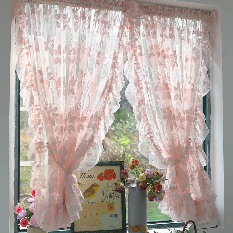 Kórejský štýl Lace Flower Pattern vyšívaný číry tyl tylov ružové krátke opona pre dvere, kuchynské okenné závesy, spálňa