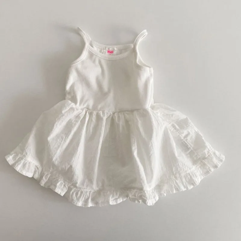 Kórejský štýl letné bavlnené šaty Dievčatá Dievčatá princezná Rufle Edge Šaty biele rukávy Camisole Kids Detské sukne podväzky