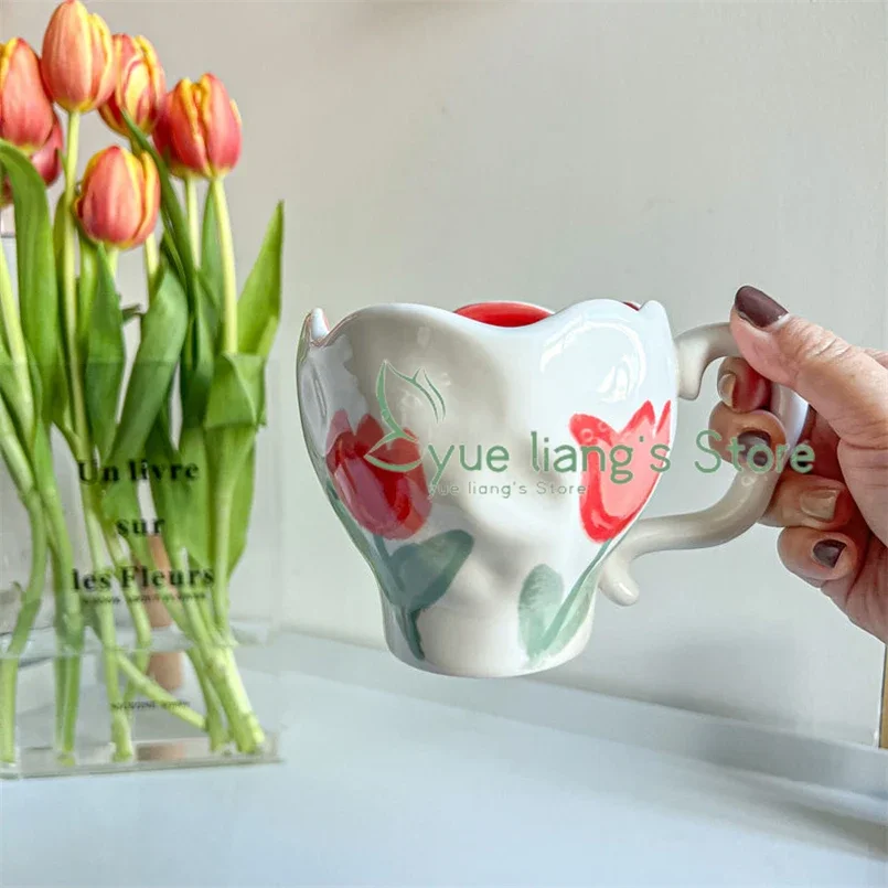 Kórejský štýl ručne maľovaný tulip Bleed orchidey ručne knotený keramický pohár