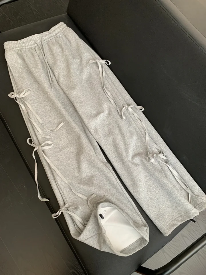 Kórejský štýl sivé tepláky Ženy Spring Vintage luk šnúrky s priamymi nohavicami Módny trend voľný dlhý nohavice