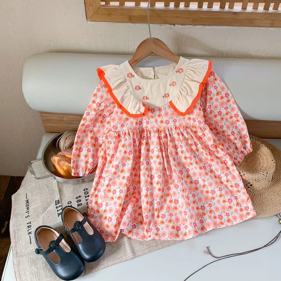 Kórejský štýl Spring Autumn Dievčatá princezné šaty oranžové kvetinové tlače biely obojok obojok A-line šaty