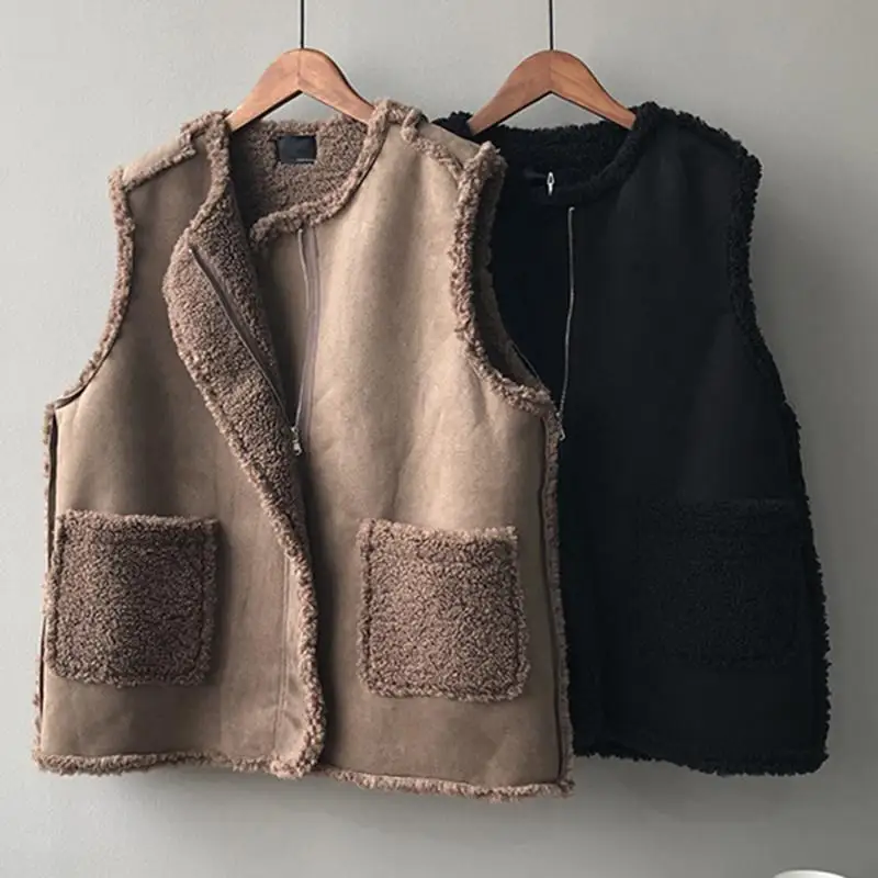 Kórejský štýl Ženy faux jahňacie vesty v vlnenej veste Tops bez rukávov Zimný kabát Gilet femme módne hnedé bundy zahusťované vrchné odevy
