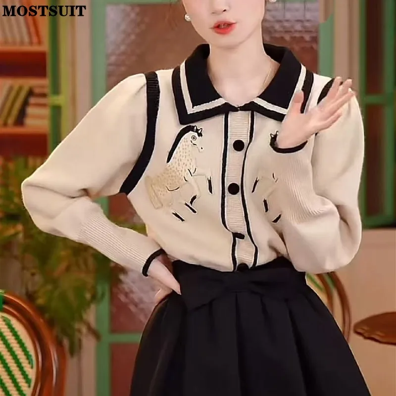Kôň štýlový pletený sveter pullover Dámske jar jeseň s dlhým rukávom Vintage elegantné elegantné dámske dámske pletené topy skokany 2025