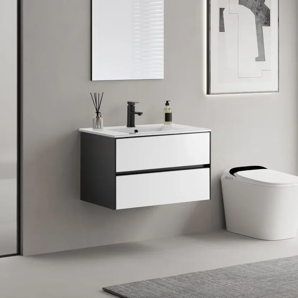 Kúpeľňa, 30 -palcová skrinka na márnosť v kúpeľni Withundermount Coamic Wink Combo, 2 veľké zásuvky a matný čierny faucet, plávajúce márnosť