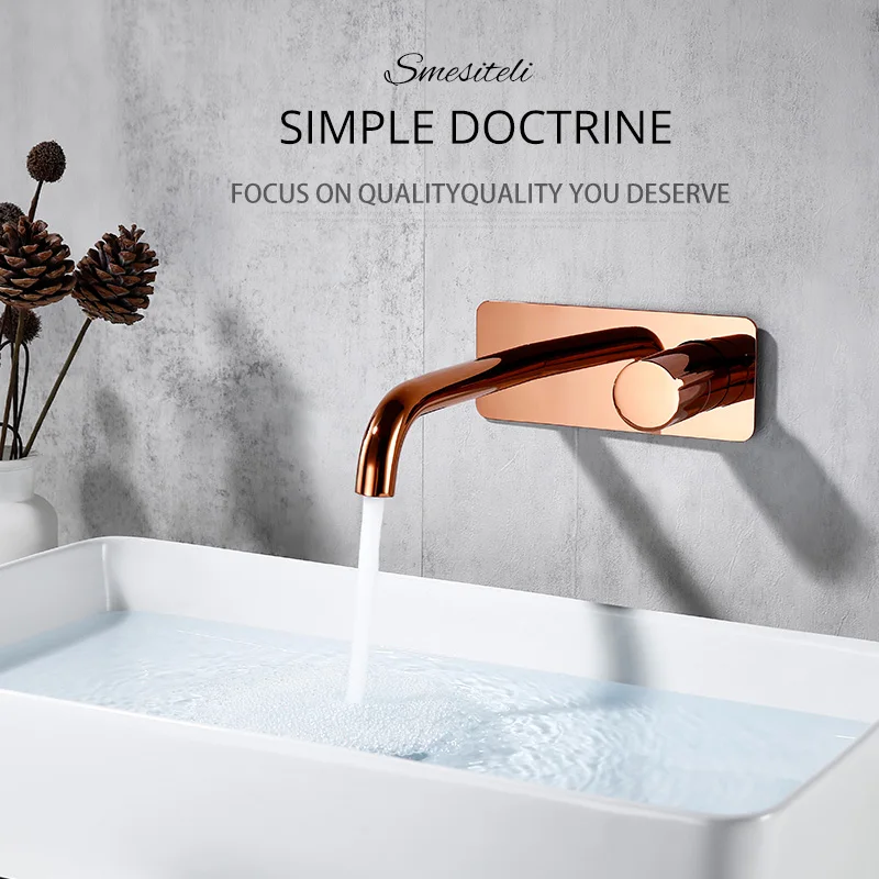 Kúpeľňa faucet stena namontovaná na stenu Mixer Tap Tap Dual Control Single Ruck Faucet Solid Brass Rose Gold Tap Hot and Cold Water