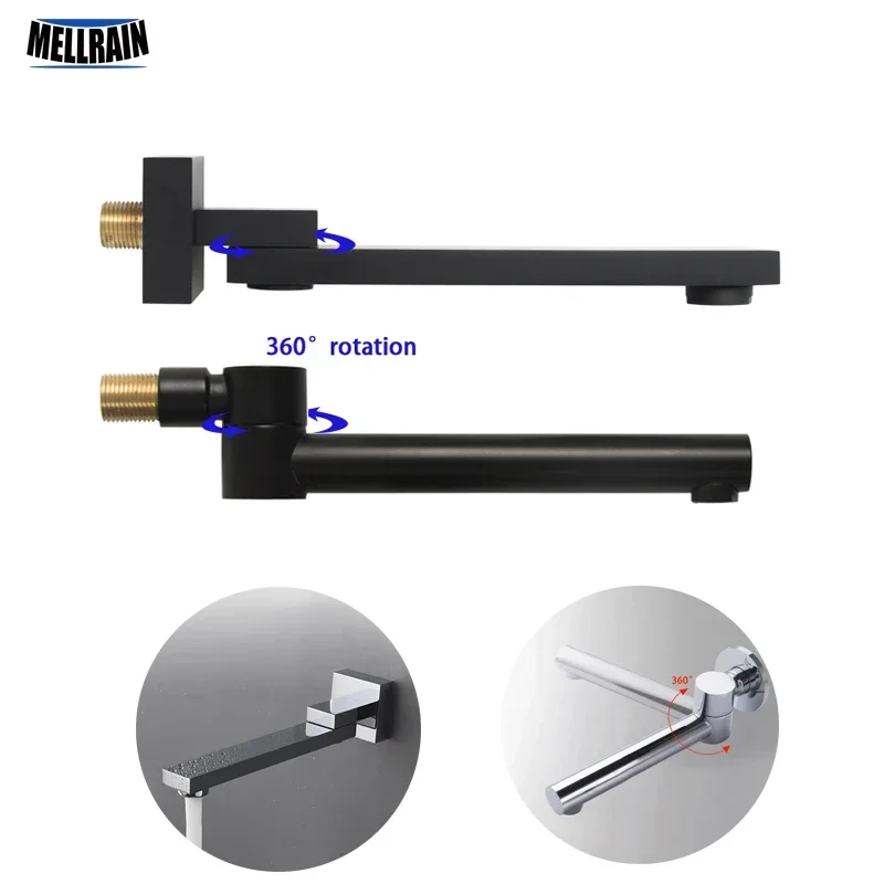 Kúpeľňa povodie Faucet Accessories Wall namontovaná na stenu mosadz 360 stupňov otáčanie vody Tapt Matt Black a Chrome Pasted
