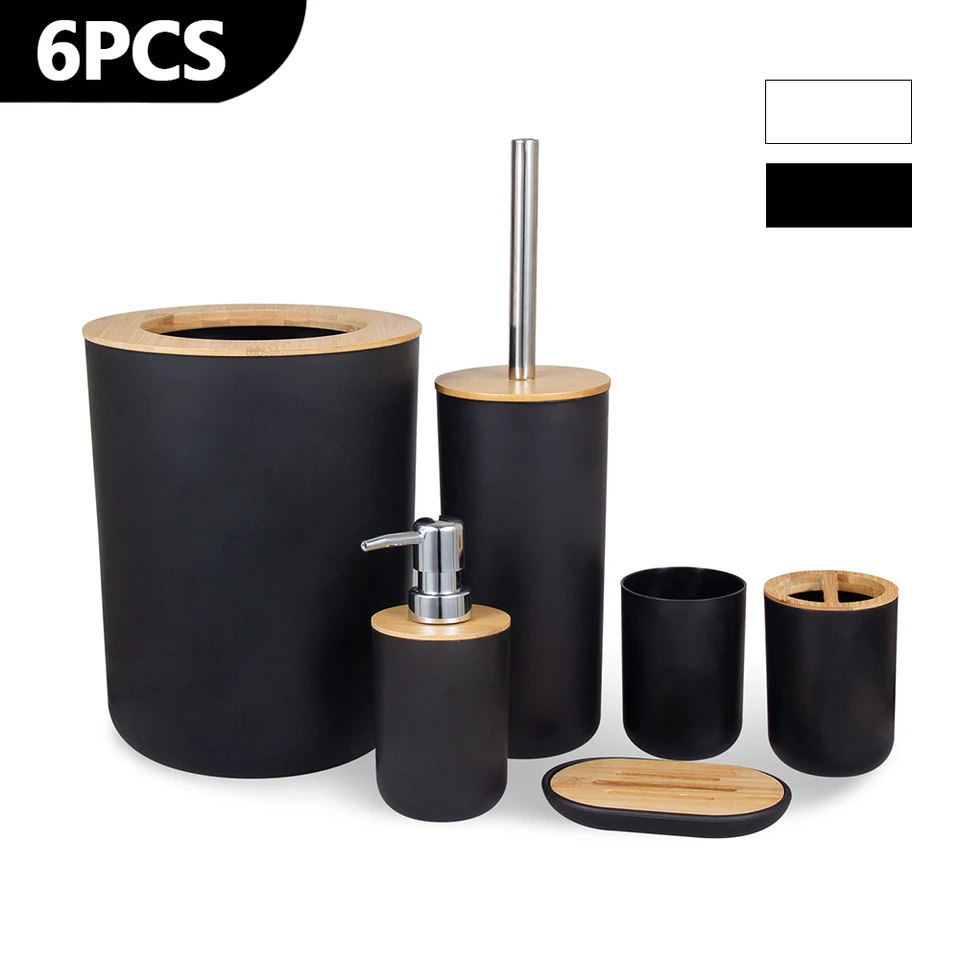 Kúpeľňa Set Sada toaletných kefiek Trash Can zubná kefka držiak na zubné kefky 6ks/set bambus plastový plastový krém na fľašu Soap DispenSer Box