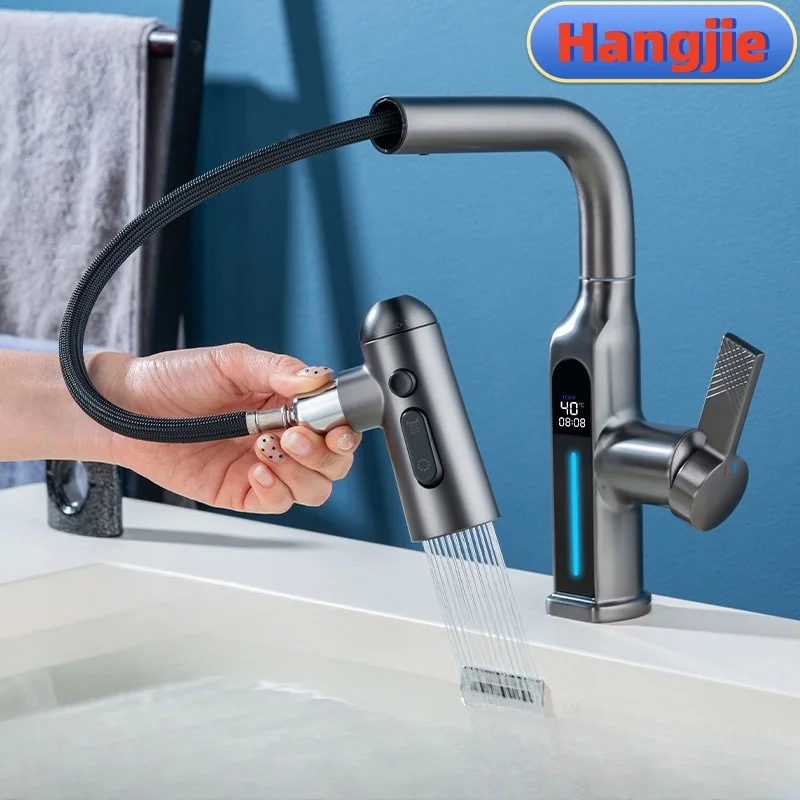 Kúpeľňový faucet, nie je potrebné zapojiť energiu, teplotný displej, vyťahovanie piatich režimov vody, kohútik povodia