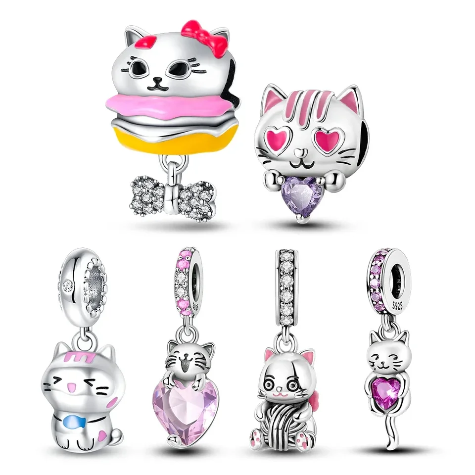Kúzla 925 Sterling Silver Cute Animal Pet Series Cat Burger Love Love Fit Original Pandora náramok Dámsky pre šperky na výrobu darčekov