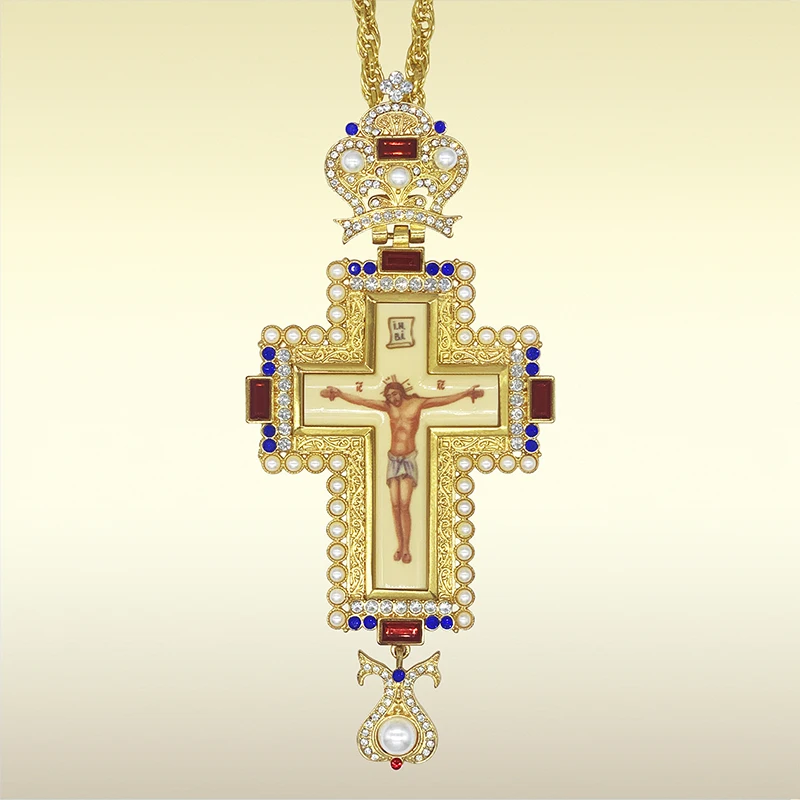 Kňaz / prsný krížový reťaz náhrdelník Ruský Grécko Crucifix Náboženská ikona Byzantine Art Ortodox Gold Masting Pearl Šperty