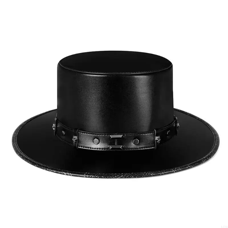 L5ya steampunk morový klobúk PU koža čierna plochá čiapka pre Halloween Cosplay