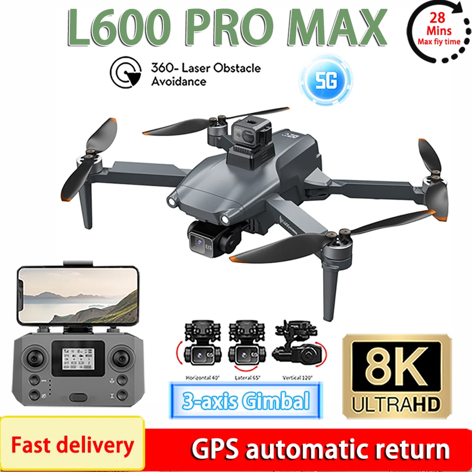 L600 Pro Max 8k Ultra Camera Drone 3-os Gimbal GPS polohovanie Vráť