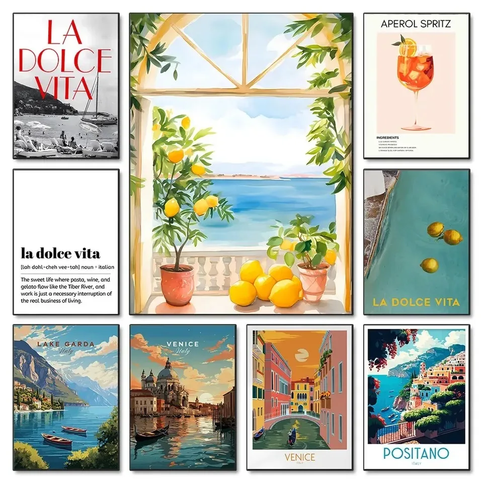 LA DOLCE VITA Tlač plagát a vytlačiteľné retro Spritz Canvas Painting Positano Taliansko Cestovné nástenné umenie pre izbu Darček Darček Darček