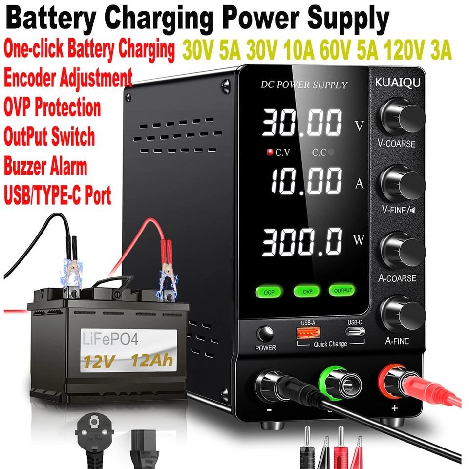LAB nastaviteľné nabíjanie batérie napájanie napájanie 30V 10A 120V 3A Voliteľný výstupný prepínač OCP pre telefón USB-C/rýchle nabíjanie opravy