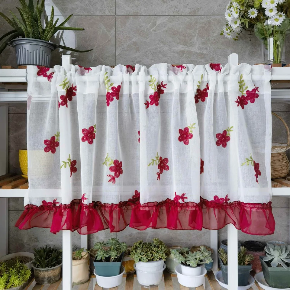 Lace Curtain for Kitchen Red Floral Tulle Curtain pre Bay Window Krátka priečna priečna závesu skrinka číry zakrytie DL-WP261#40