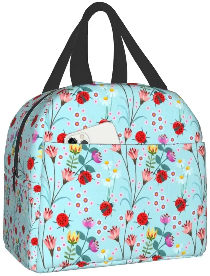 Lady Bug s kvetinovým obedovým boxom Bento Box Izolované obedové škatule Opätovne použiteľné vodotesné obedové taška s predným vreckom na piknik v kancelárii