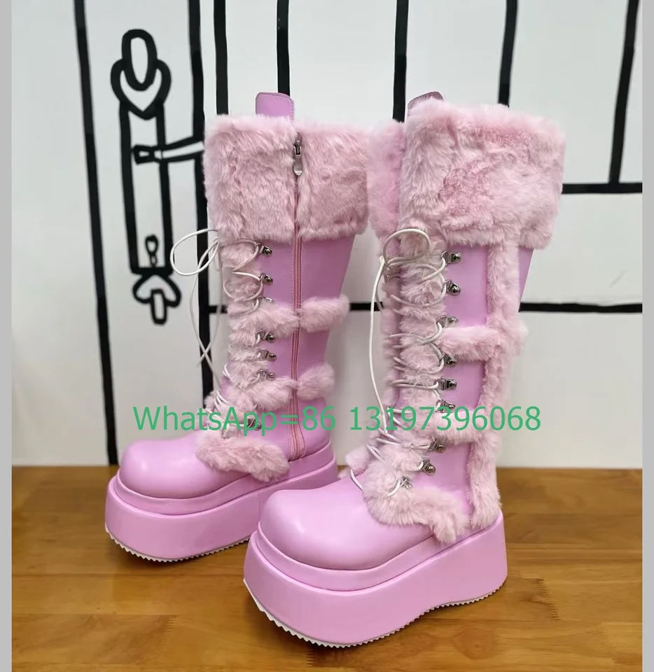 Lady Fur Platform Pink Mary Janes koleno topánky Lace-up bočné zipsové topánky kožušina teplá zima nová zima bežec