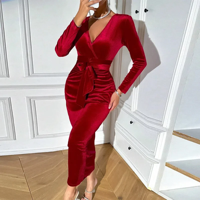 Lady Style Red Dress V-Neck Elegantné šaty Velvet Stredne dĺžka sukne šaty