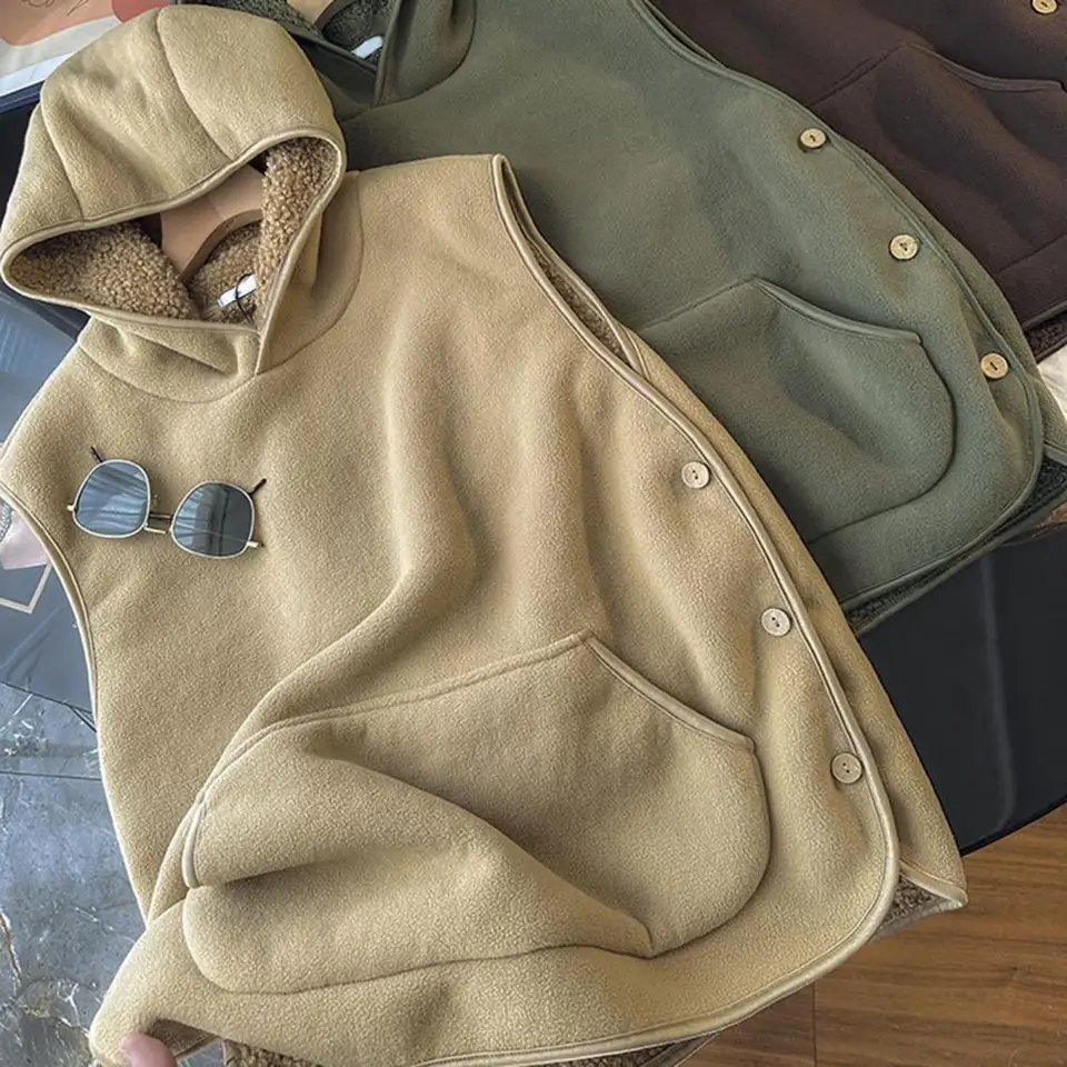 Lady Thermal Vesta Dámske bočné gombíky Uzavretie Fleece s kapucňou Vesta Pevná farba predné vrecko Príležitostná horná časť na jeseň zima