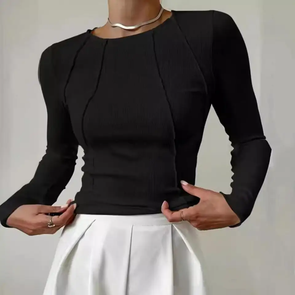 Lady Tirl Fall Winter Dámsky štíhle fit neformálny okrúhly krk Základný pullover na hrudi Šiť dlhý rukáv Športové dopamínové tričko