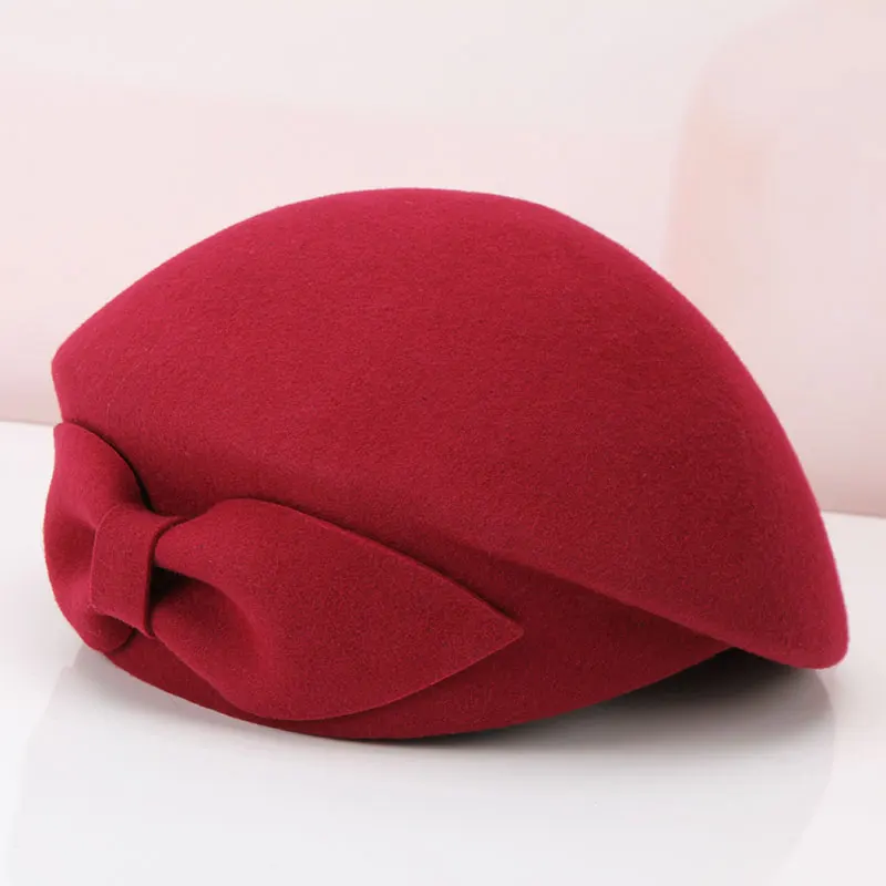 Lady Wool Fedoras Hat British Retro Woen Bow Beret Cap Female Bowtie Party maliar klobúk módna čiapka B-8900