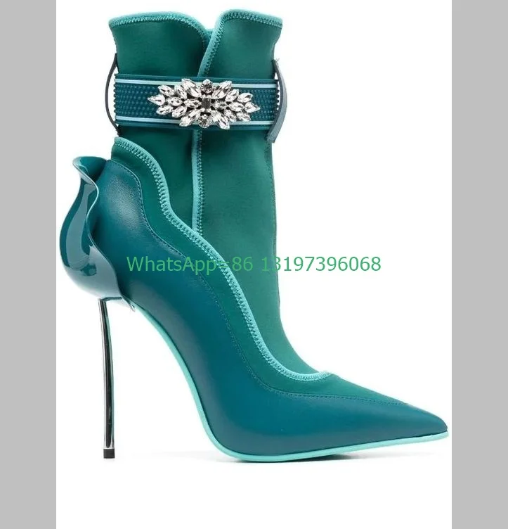 Lady špicaté na špičke Crystal Flower Suede Päty na podpätky Farebne ružová ružová kožená gumová gumová ozdobená členkové topánky Stiletto Shoes 43