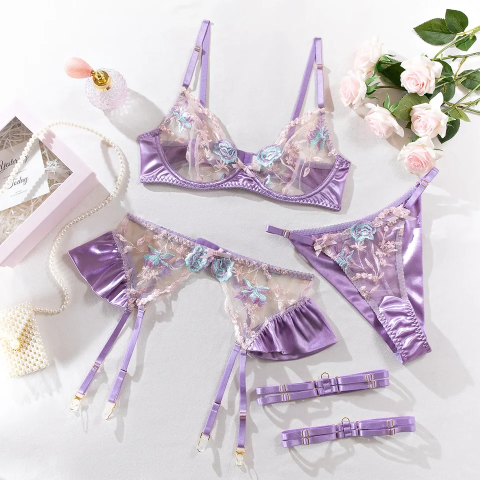 Lady's Fantasy Mesh Transparentná ťažká výšivka kvetinové spodné prádlo set sexy spodné prádlo Ženy 4 kusy Intímne túžba horúce dievča