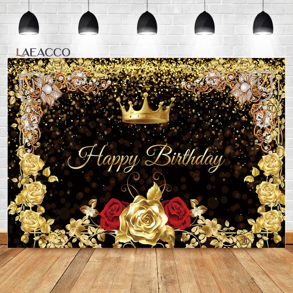 Laeacco Gold Rose Všetko najlepšie k narodeninám Fotografie Pozadie svetlo Bokeh Crown Diamond Ženy Dievčatá Portrét Prispôsobené fotografické pozadie
