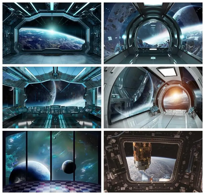 Laeacco Spacership Interiér Pozadie vesmíru Prieskum Science Fiction SpaceCraft Galaxy Space Station Photography