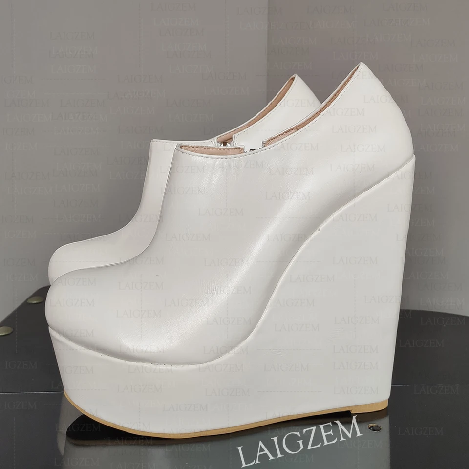 Laigzem Dámske členkové topánky Platforma Platforma Round Toe Side Zip Up Short Boots Výška Zvýšenie dámy topánky Žena veľká veľkosť 39 43 45 47