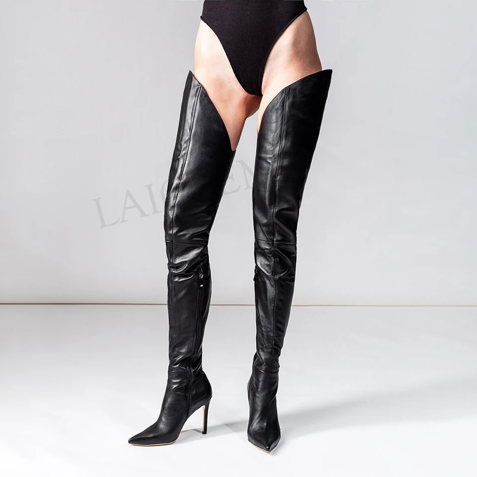 Laigzem Trendy v Cut Dámske rozkroky vysoké topánky Faux kožené podpätky topánky stehenné vysoké topánky Žena Botas majer laigzem veľkosť 45 46 47