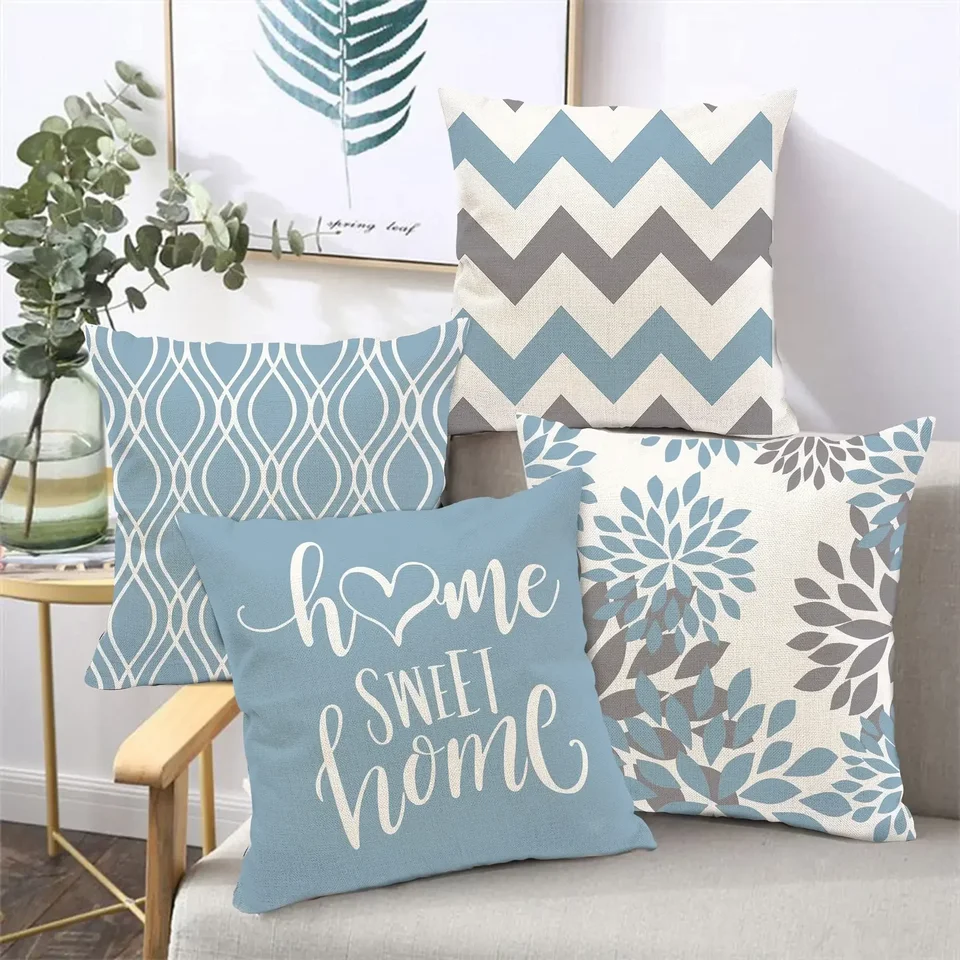 Lake Blue White Geometric Linen vankúš Sofa Cushion Cover Domáce dekorácie je možné pre vás prispôsobiť 40x40 45x45 50x50 60x60